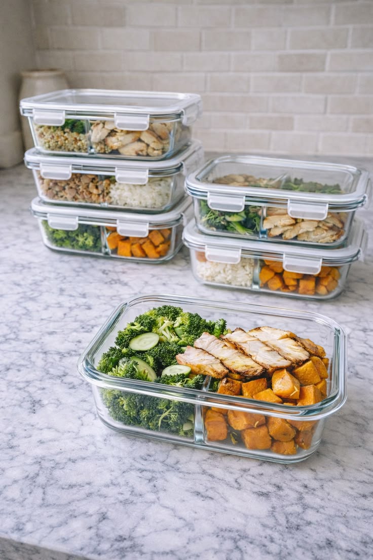 Organised weekday meal preparation containers on a kitchen counter